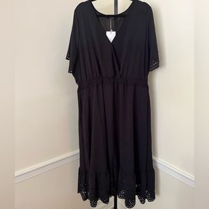 NWT! Solid Laser Cut Shirred Pocket Wrap Scalloped Trim Flutter Dress